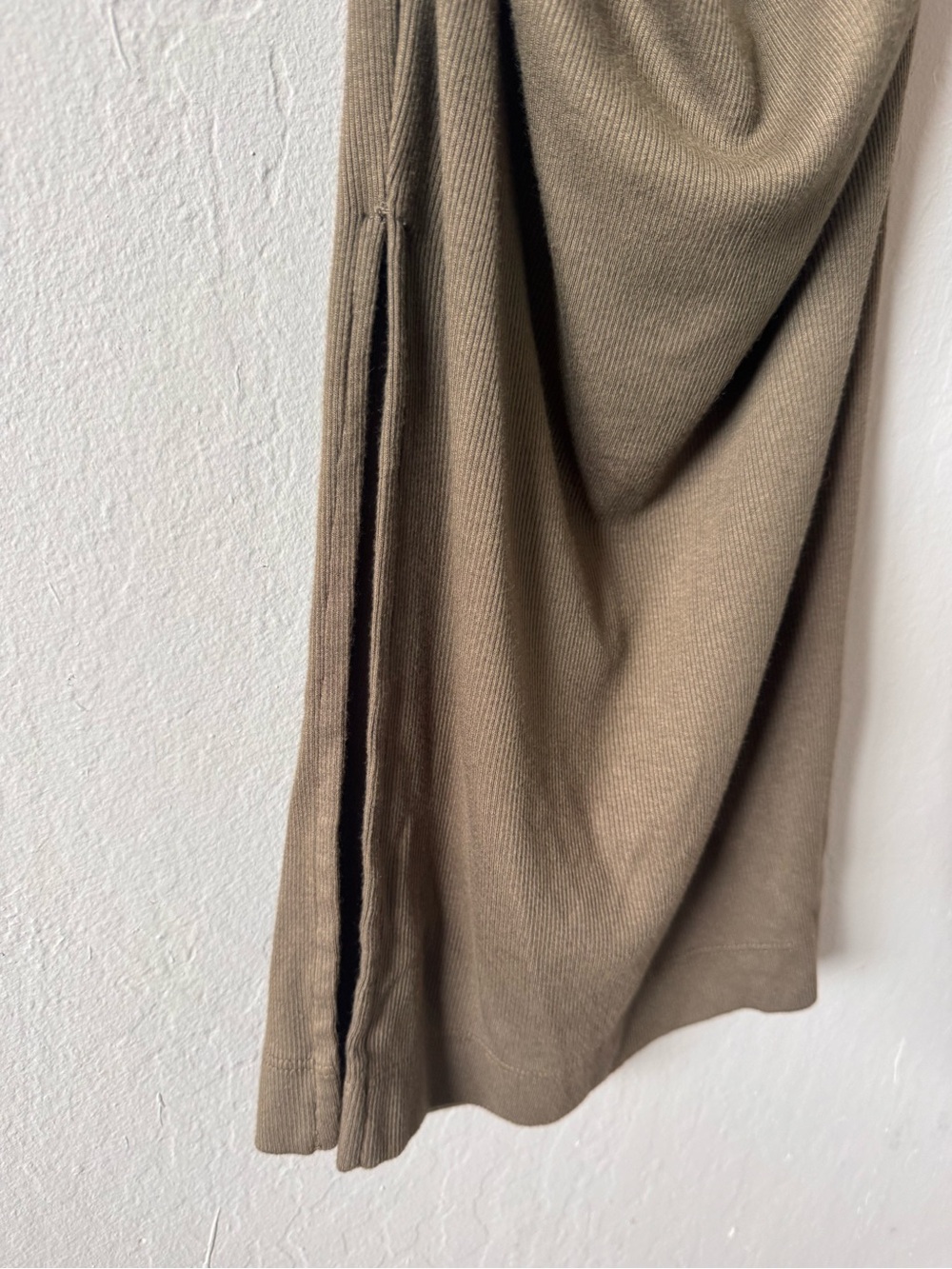 Michael Stars Ultra Rib Olive Green 3/4 Sleeve Ruched Midi Dress with Side Slit - Picture 4 of 9